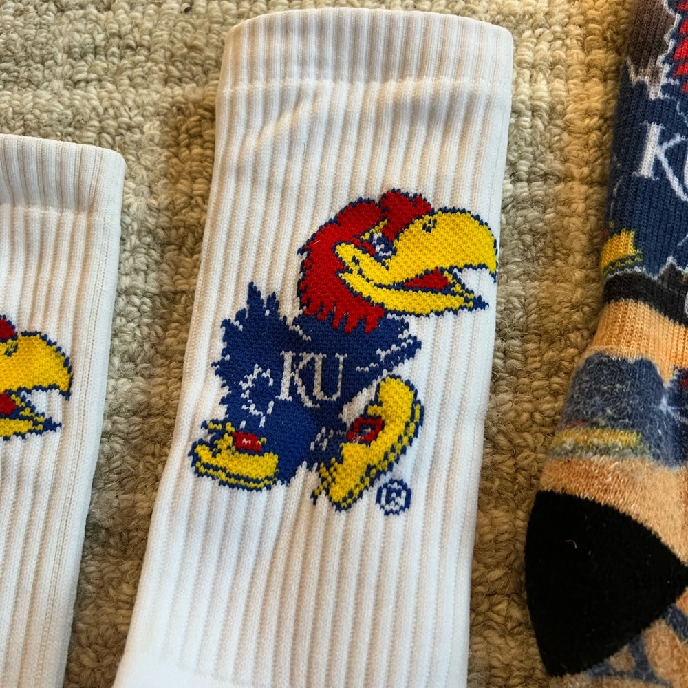 KU Kansas Jayhawks Men's Crew Socks - White and Multicolor and new shoe strings - Picture 4 of 8